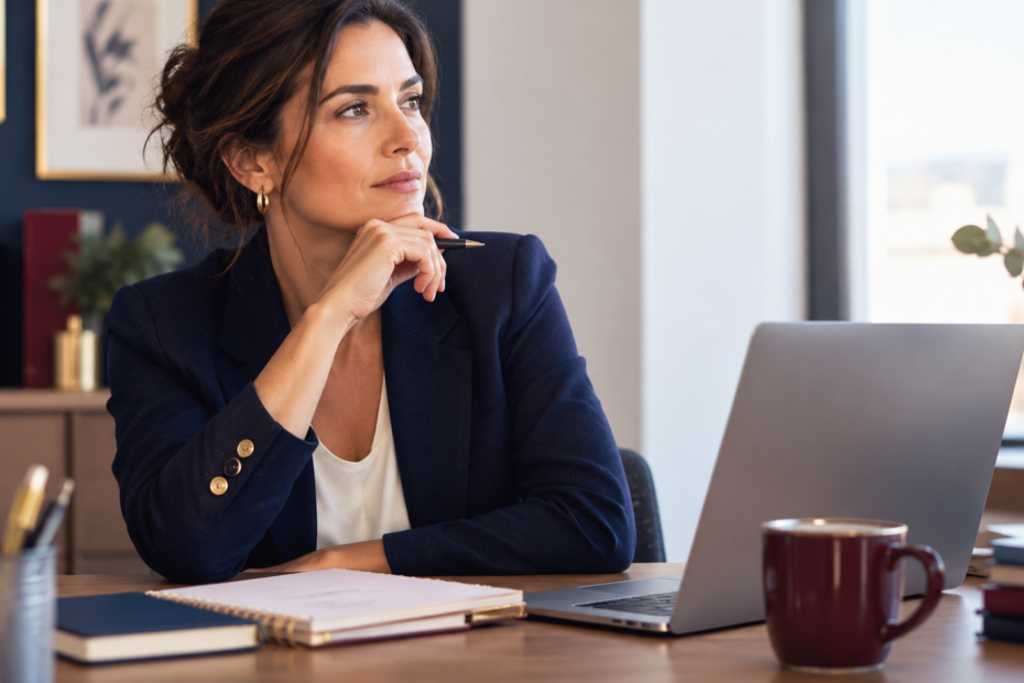 Profissional a trabalhar ao computador, refletindo enquanto organiza o seu trabalho